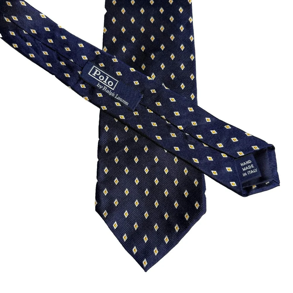 VTG Polo Ralph Lauren Silk Tie Navy Blue Yellow White Diamond Geometric Italy